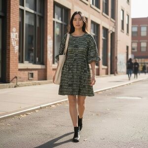 Marie Oliver Puff Sleeve Dress Sz L Green Botanical Tiered